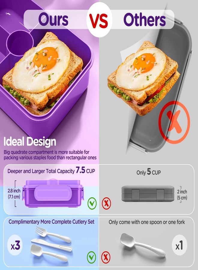 DaCool Lunch Box Kids Bento Box 7.5 Cups with 4-Compartment Leakproof BPA Free Toddler Girls Lunch Containers with Fork Spoon for Meal Snack School Picnic Travel, Microwave Dishwasher Safe, Purple - Image 2